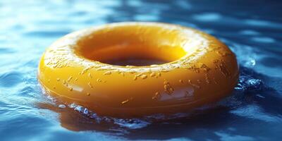 Yellow flotation ring floating in clear water on a sunny day at a pool photo