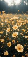 Colorful yellow wildflowers bloom in a serene meadow during early morning light photo