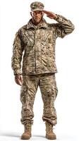 Dedicated soldier in camouflaged uniform saluting with pride in a studio setting photo