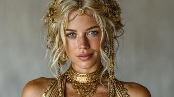 Portrait of a young woman adorned with intricate gold jewelry and flowing hair in an artistic studio setting photo
