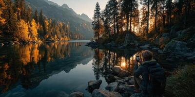 Exploring serene autumn landscapes by a tranquil mountain lake during sunset photo