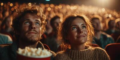 Engaging couple watches a film in a cozy cinema filled with enthusiastic moviegoers during a weekend evening photo