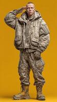 Soldier saluting against a vibrant yellow background in military attire and tactical gear photo