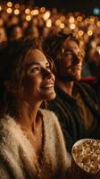 Exciting evening at a cozy cinema with friends enjoying a captivating film and sharing laughter in a warm, glowing atmosphere photo