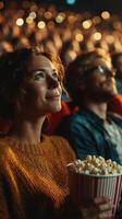 Audience enjoys film at a cozy cinema on a relaxed evening, captivated by the screen and filled with popcorn photo