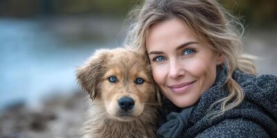 Woman enjoys a sunny day by the river with her golden retriever puppy in a peaceful outdoor setting photo