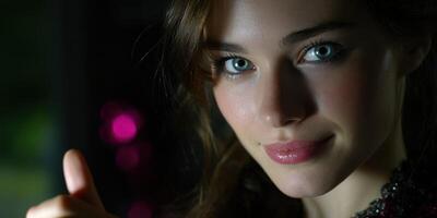 Young woman with striking blue eyes smiling softly in low light setting during an evening gathering photo