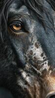 Close-up view of a horse's eye showcasing intricate textures and colors in natural light photo