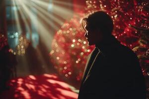 Young man silhouetted against festive lights at a holiday celebration with red decorations and soft glowing ambiance photo