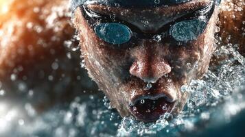 Competitive swimmer propels through water during race in indoor pool environment photo