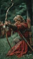 Archer prepares for a competition in a forest setting during a medieval festival photo