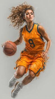 Dynamic female basketball player in action during a competitive match capturing energy and skill on the court photo