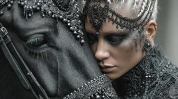 Unique artistic portrait of a person in dark attire embracing a majestic black horse during a dramatic evening setting photo