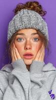 Young woman with freckled face wearing a gray beanie and hoodie against a vibrant purple background photo