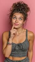 Young woman playfully pondering in casual gray outfit against a vibrant pink background photo