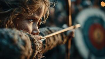 Child archer aiming at target during a historical reenactment in a forested area at dusk photo
