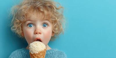 Child with curly hair enjoying ice cream against a blue background on a sunny day photo