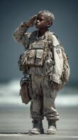 Young soldier saluting on a beach while dressed in military attire with gear and marine camouflage photo
