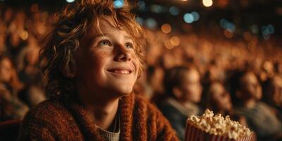 Joyful child enjoying a movie while surrounded by a captivated audience in a dimly lit theater photo