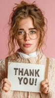 Young woman holding a thank you sign in front of a pink background while wearing glasses and a cozy sweater during daytime photo
