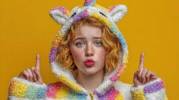 Young girl in colorful unicorn hoodie poses playfully against a bright yellow background during a cheerful indoor setting photo