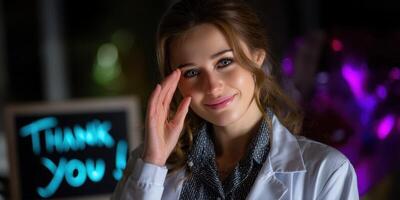 Young woman in a lab coat smiles and waves while expressing gratitude at a celebration event in an indoor setting photo