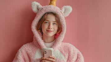 Cute girl dressed in unicorn onesie smiles while using smartphone against a pink background photo