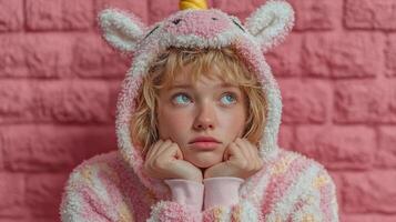 Young person in unicorn onesie sitting against pink wall, looking thoughtfully upward during cozy indoor moment photo