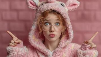 Young girl dressed in a pink unicorn onesie with glasses poses playfully in a cozy indoor setting photo
