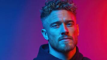 Young man with curly hair poses against a vibrant blue and pink backdrop in a modern indoor setting during evening hours photo