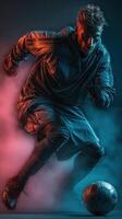 Soccer player in dynamic action during a night training session, showcasing agility and focus on the field photo