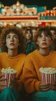 Friends enjoy a popcorn-filled movie night at an outdoor cinema under colorful lights photo
