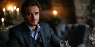 Man in formal attire enjoying a drink in a cozy, candlelit setting during the evening hours photo