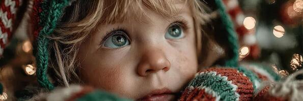 Child gazes in wonder at holiday decorations in cozy setting with warm lights during festive season photo