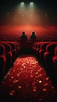 Couple sits together in a nearly empty theater with a red carpet and illuminated stage photo