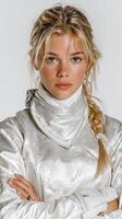 Young female fencer in a metallic silver suit poses confidently for a portrait in a studio setting photo