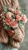 Bouquet of pink carnations and eucalyptus held by a person in a cozy sweater photo