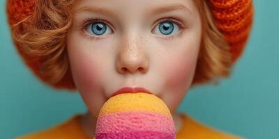 Child enjoys colorful ice cream wearing a bright orange hat against a vibrant blue background photo