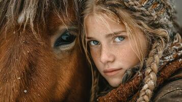 Young girl with braided hair stands close to a horse during a snowy winter day in a forest environment photo