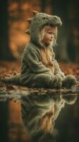 Child in dinosaur costume sitting beside a calm pond surrounded by autumn leaves in a forest photo
