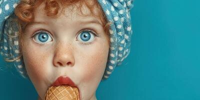 Young child enjoying ice cream cone with vibrant blue background on a sunny day photo