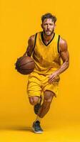 Player in yellow jersey dribbles basketball with determination against bright yellow background photo