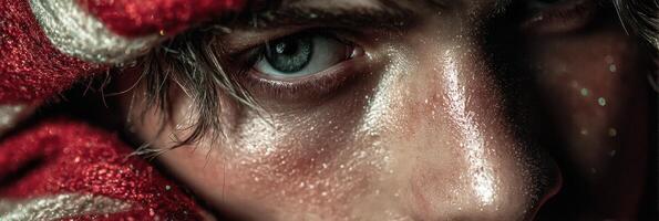 Close-up of a young person's striking eye with glittering skin and vibrant red accessories against a textured background photo