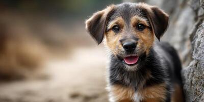 Adorable puppy exploring outdoors on a sunny afternoon near a stone wall in a lush garden setting photo