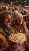 Couple enjoying popcorn at a cozy cinema while snowflakes gently fall around them during a winter movie night photo