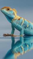 Unique blue lizard resting by water during daylight in a serene setting photo