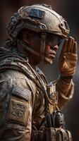 Soldier in tactical gear saluting during a dusty outdoor operation in a conflict zone at sunset photo