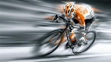 Cyclist competing in a race with intense focus and speed on a blurred background capturing dynamic motion photo
