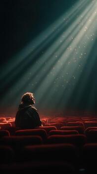 Man sitting alone in a dark theater bathed in beams of light with scattered dust particles photo