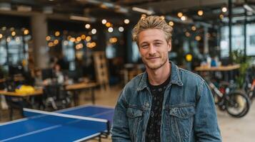 Young man smiles in modern coworking space featuring ping pong table and unique lighting setup photo